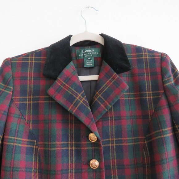 VINTAGE LAUREN RALPH LAUREN Plaid Velvet Collar 100% Wool Blazer Jacket Preppy - Picture 3 of 16
